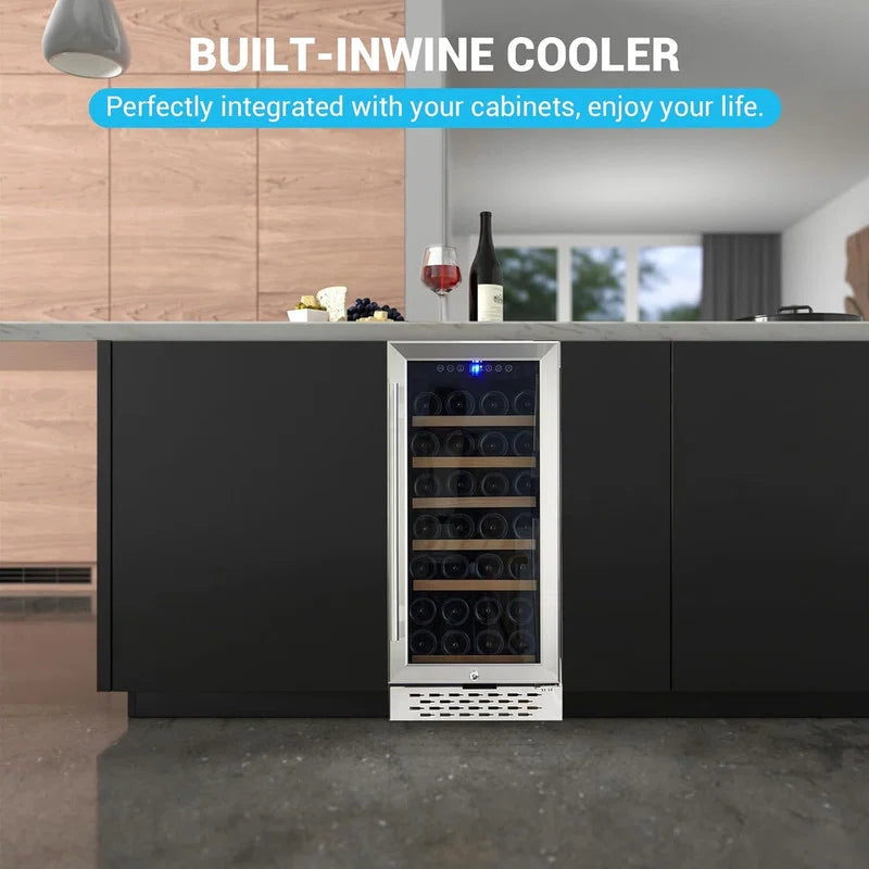 15" Wine Cooler - 28 Bottle Capacity, Built-in/Freestanding with Double Glass Door & Safety Lock