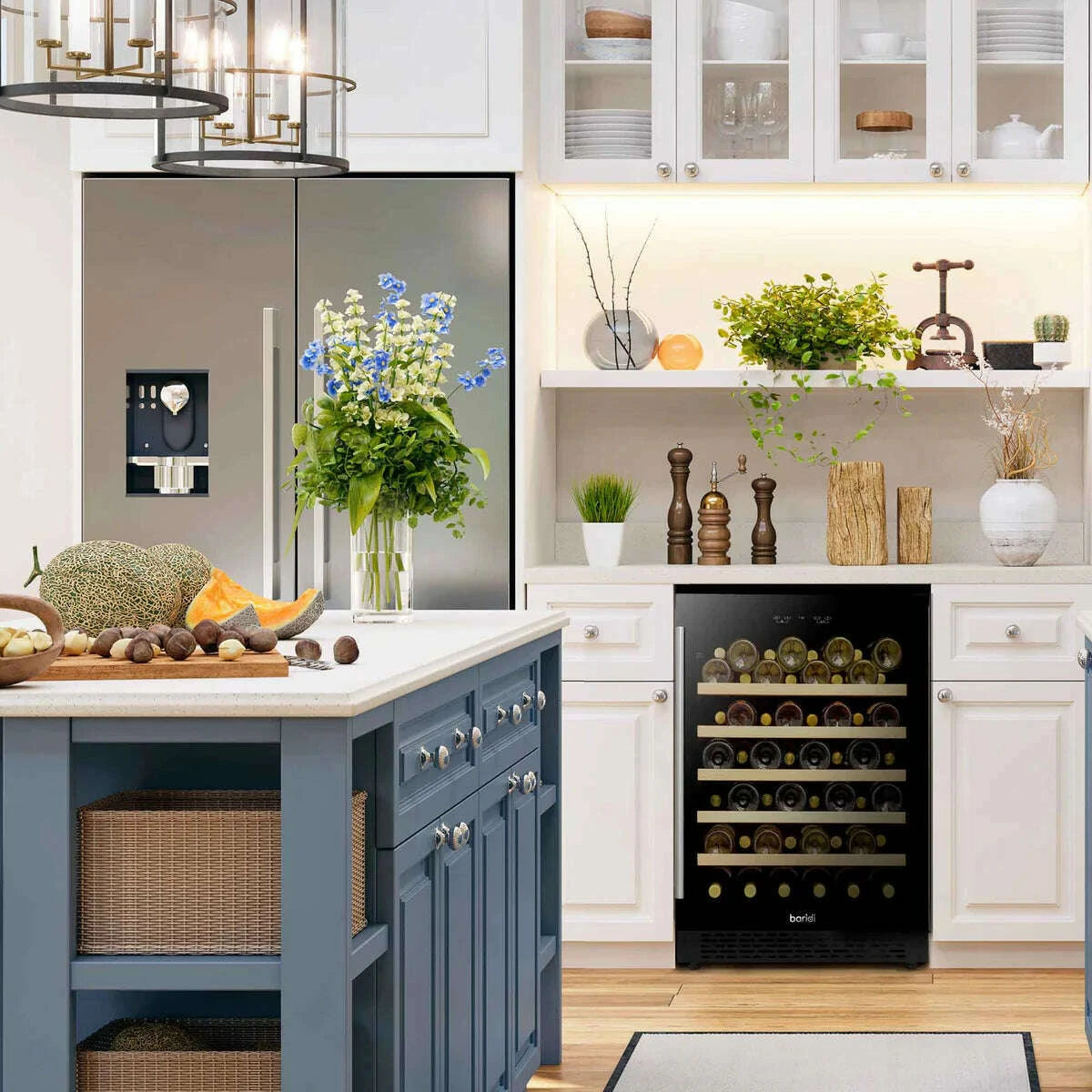 Sleek Baridi 54 Bottle Wine Cooler with digital controls and tempered glass door in modern kitchen.