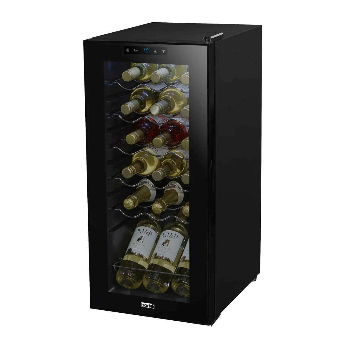 Black Baridi wine cooler with digital controls, LED light, and space for 18 bottles.