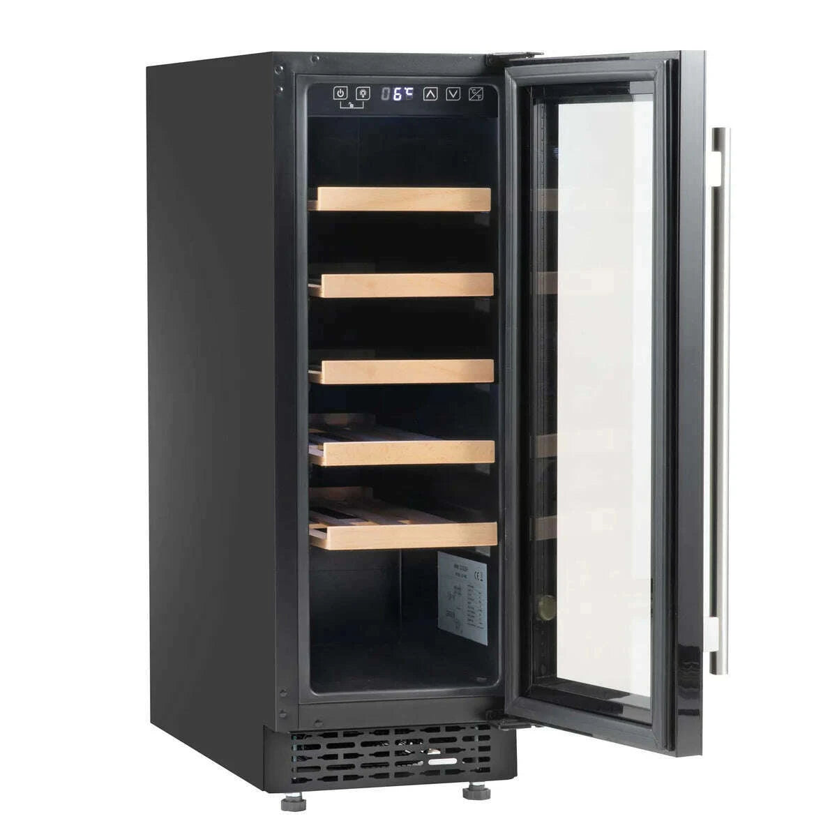 Sleek 30cm wine cooler with digital controls, fits 20 bottles, stylish beech shelves, LED-lit interior.