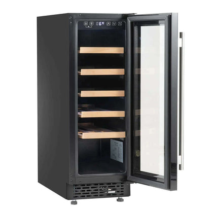 Sleek 30cm wine cooler with digital controls, fits 20 bottles, stylish beech shelves, LED-lit interior.