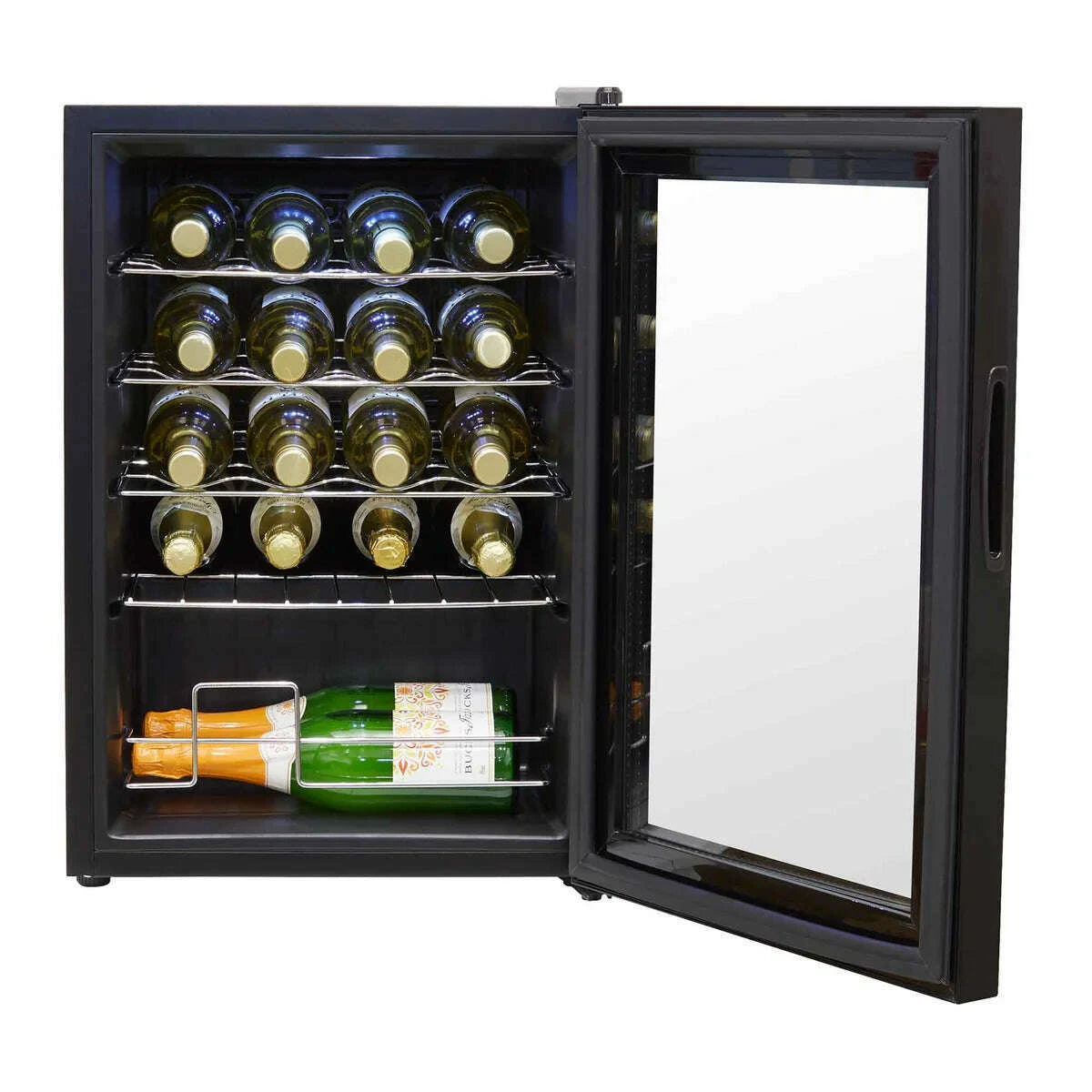 Sleek black Baridi 20-Bottle Wine Cooler with digital temperature display and glass door.