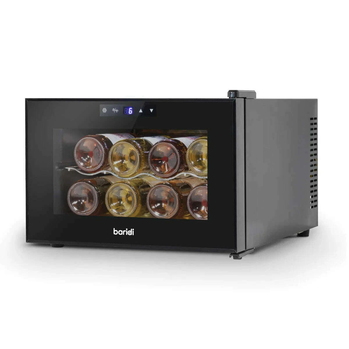 Sleek Baridi 8-bottle wine cooler with digital touch control and glass door for UV protection.