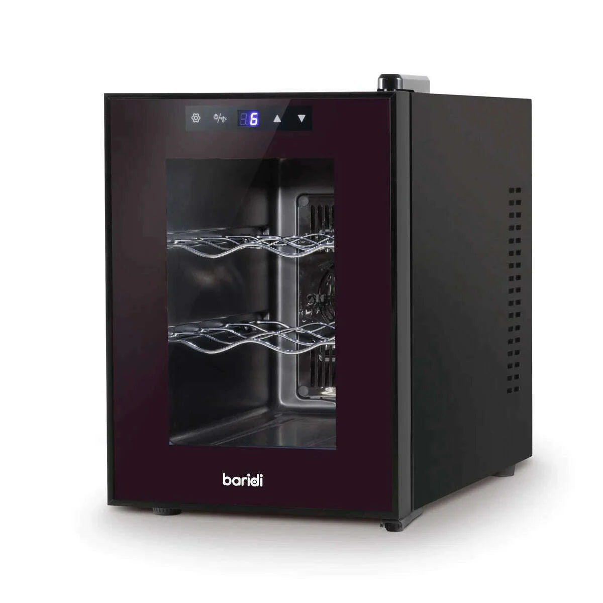 Sleek black Baridi wine cooler with glass door, holding 6 bottles, digital display, touch controls.