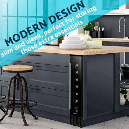Slim black wine cooler with digital controls, fits 7 bottles, sleek design, ideal for kitchens.