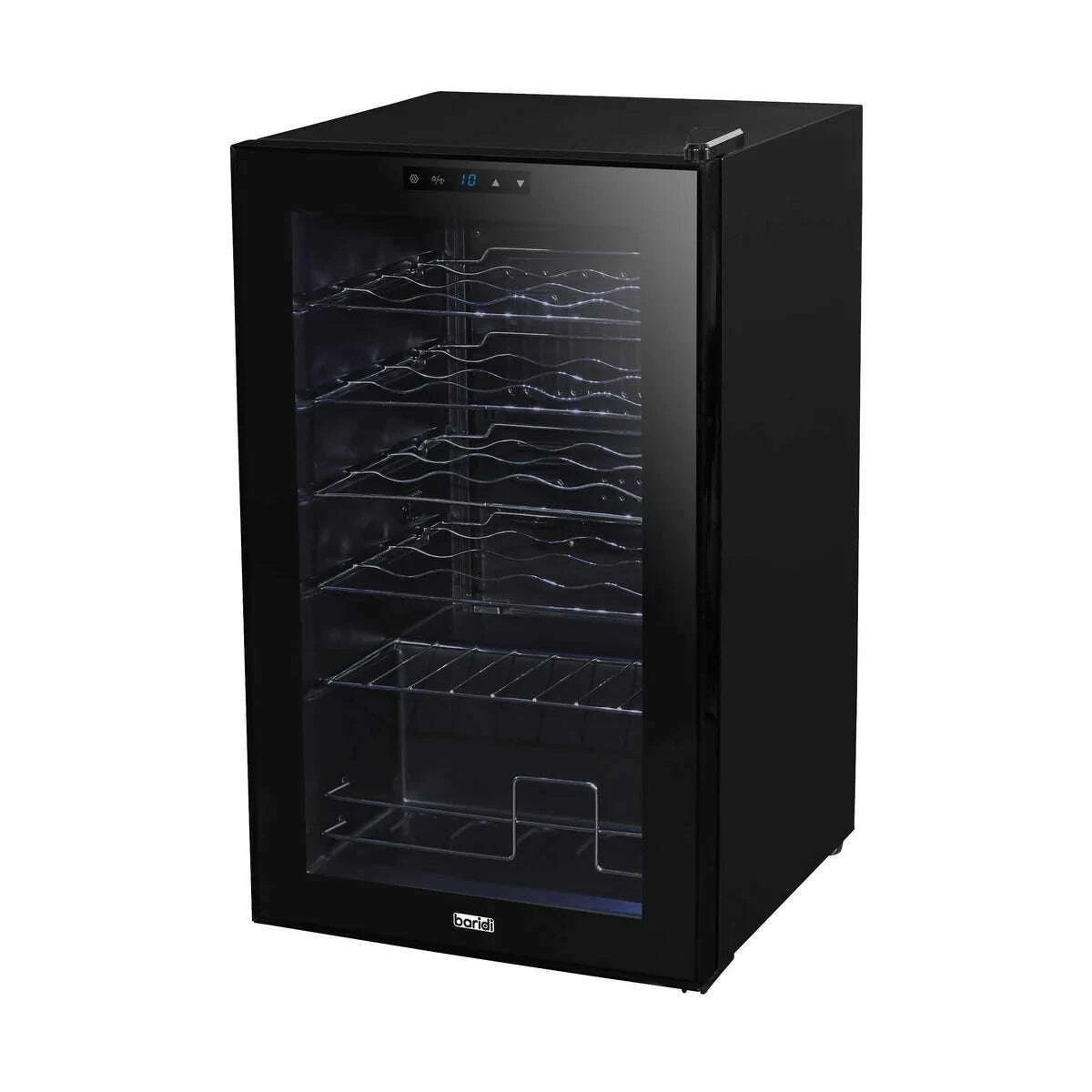 Black Baridi wine cooler with digital touch screen, LED light, and mirrored glass door.