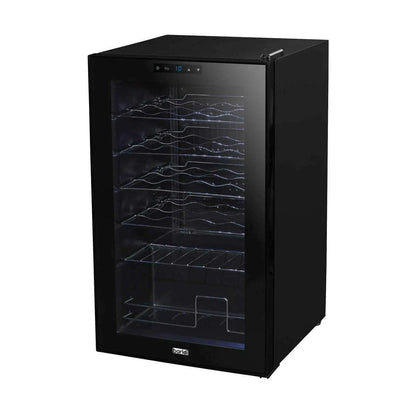 Black Baridi wine cooler with digital touch screen, LED light, and mirrored glass door.