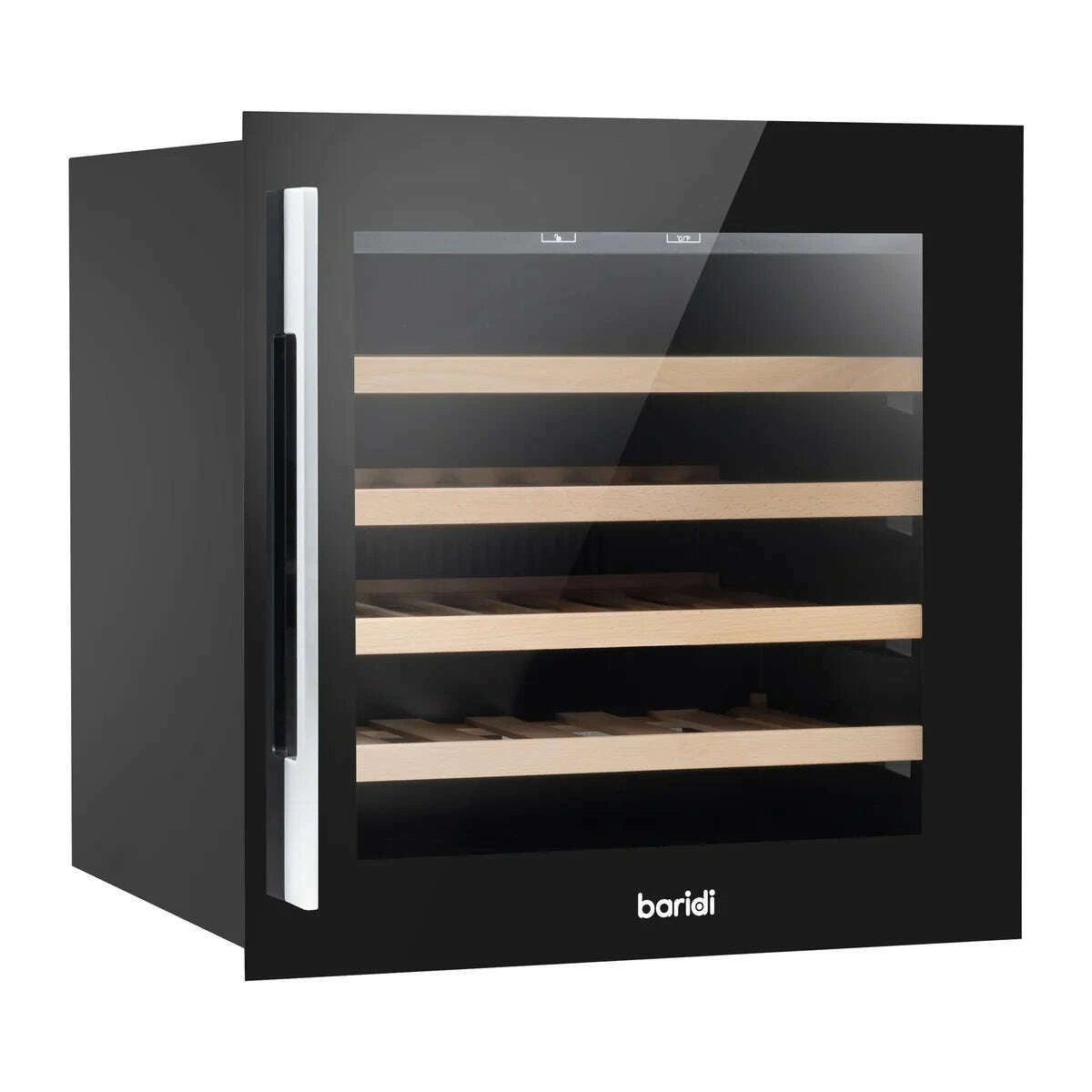 Sleek black wine cooler with beech wood shelves, holding up to 36 bottles, built-in kitchen design.