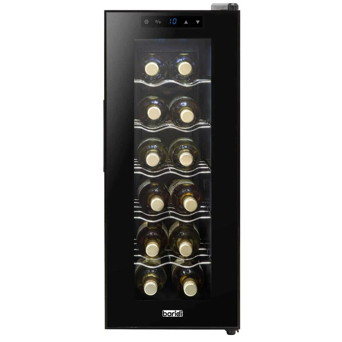 Black Baridi wine fridge with glass door, touch controls, fits 12 bottles, compact and quiet design.