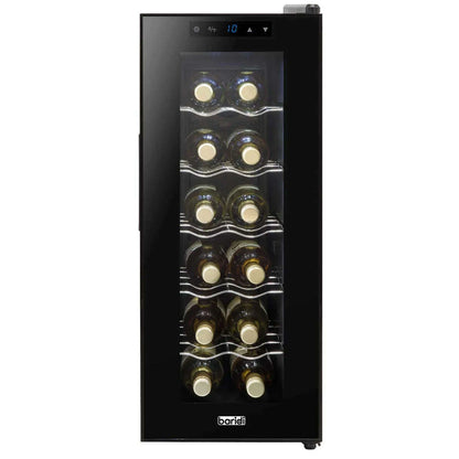 Black Baridi wine fridge with glass door, touch controls, fits 12 bottles, compact and quiet design.