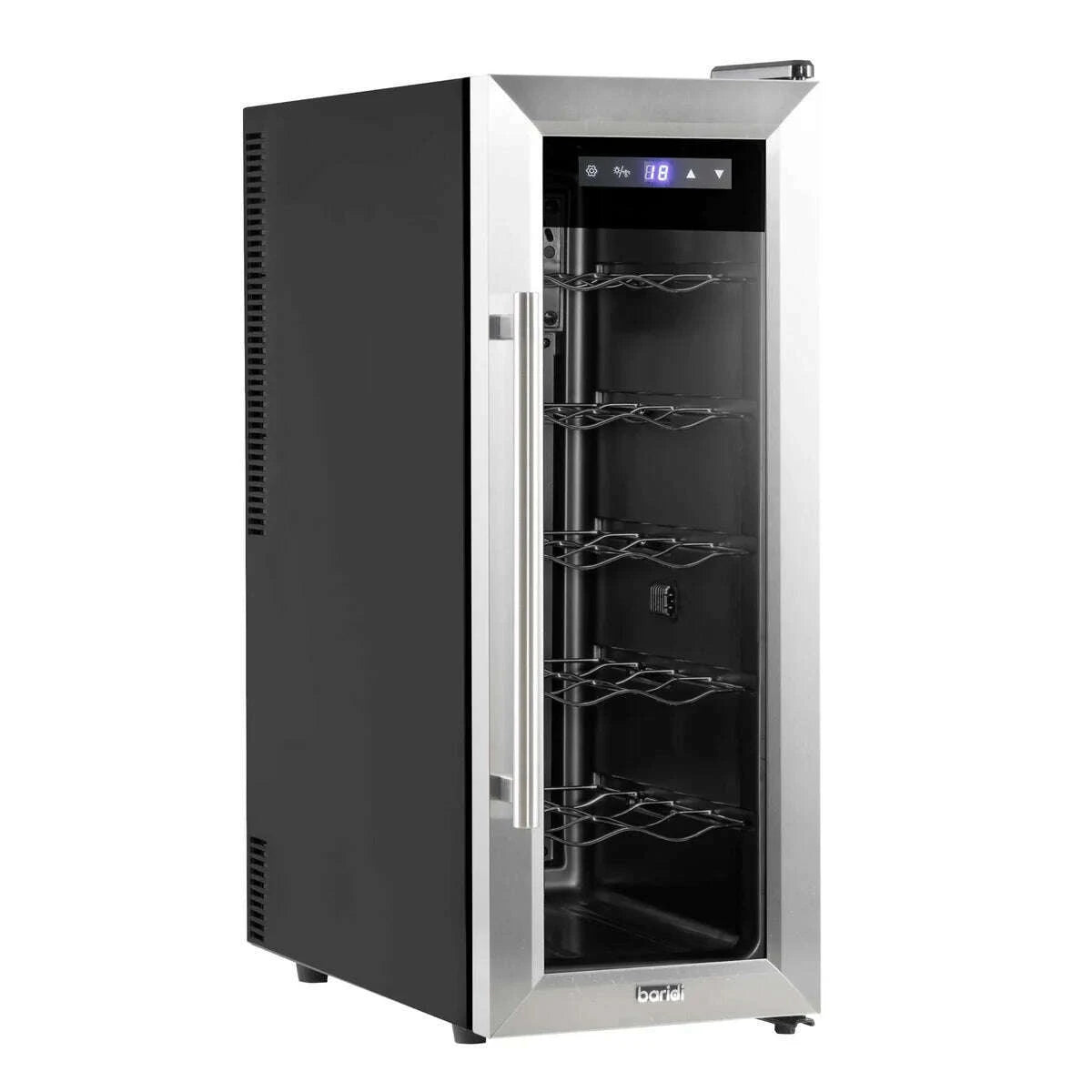 Sleek Baridi wine cooler with digital controls, stainless steel finish, holds 12 bottles.