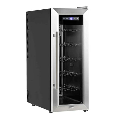 Sleek Baridi wine cooler with digital controls, stainless steel finish, holds 12 bottles.