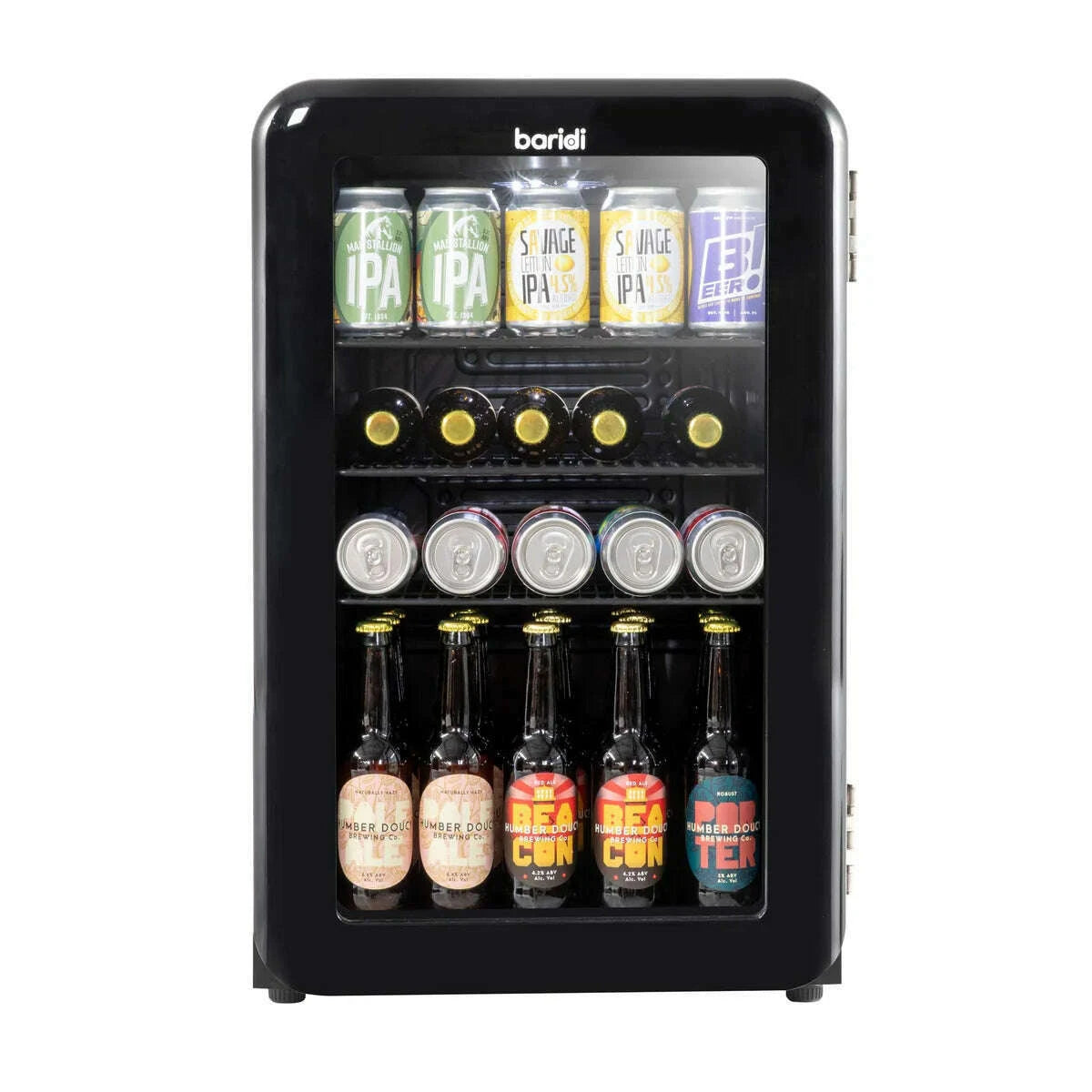 Retro-style Baridi 70L drinks fridge with vintage design and energy-efficient features.