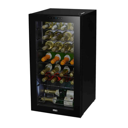 Black Baridi wine cooler with digital touch screen, LED light, and mirrored glass door.