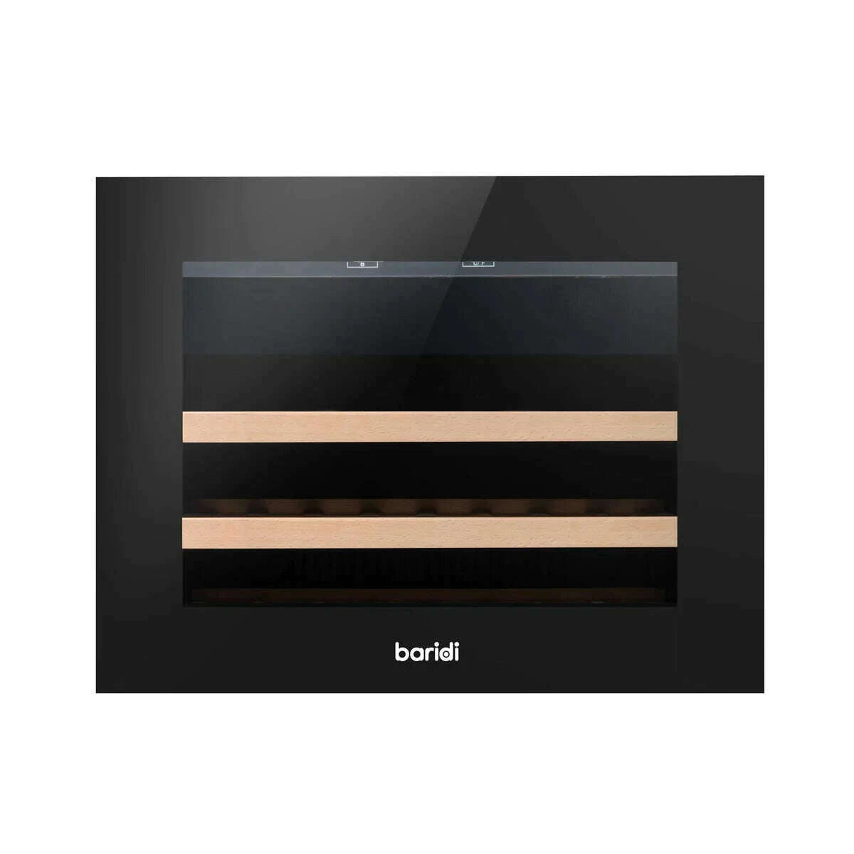 Black Baridi 60cm wine cooler with beech wood shelves, touch controls, and LED lighting.