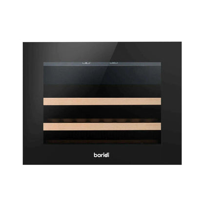 Black Baridi 60cm wine cooler with beech wood shelves, touch controls, and LED lighting.