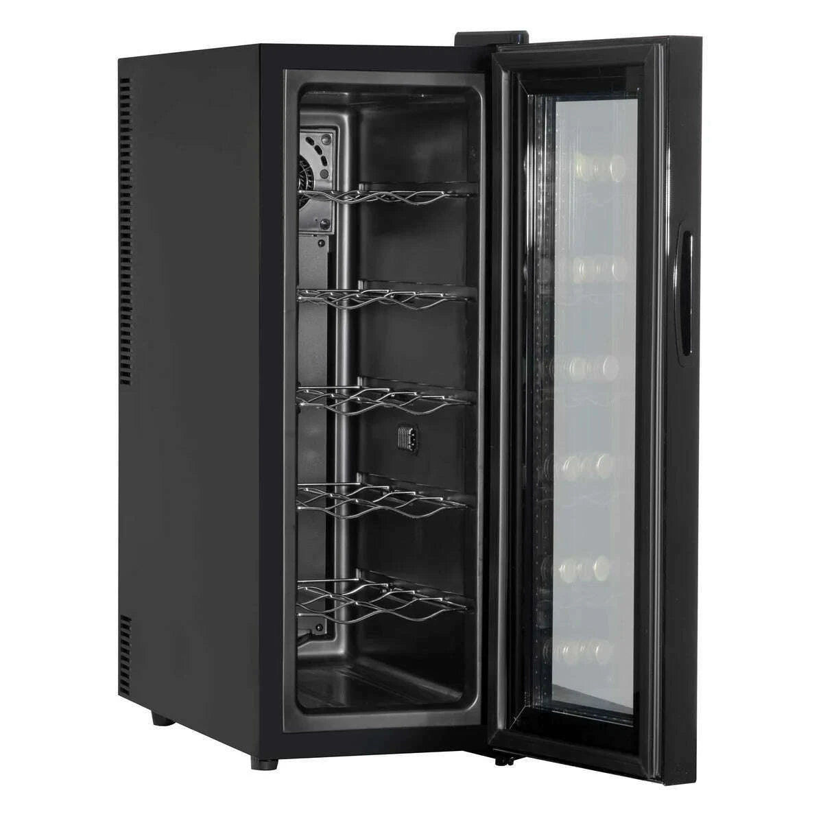 Black Baridi 12 Bottle Wine Fridge with touch control and LED, featuring a sleek mirror glass door.