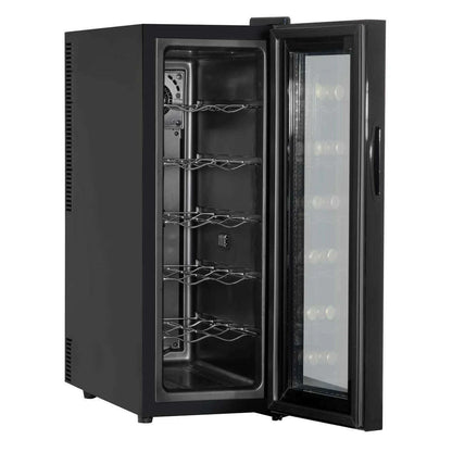 Black Baridi 12 Bottle Wine Fridge with touch control and LED, featuring a sleek mirror glass door.