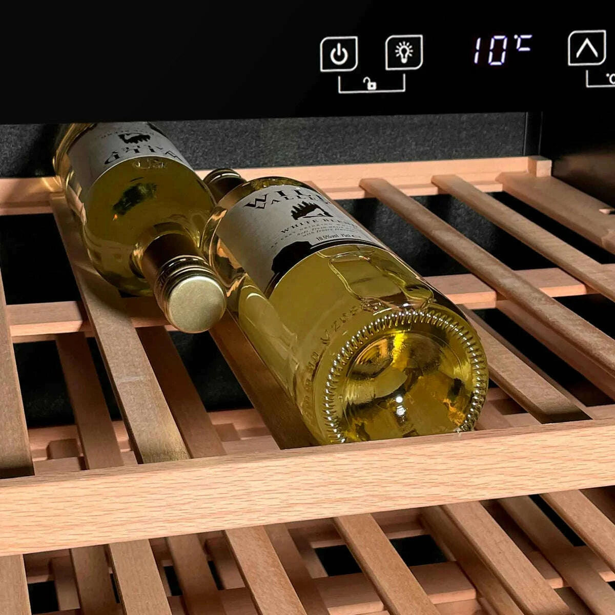 Sleek Baridi wine cooler with glass door, digital control, holds 54 bottles, fits under counters.