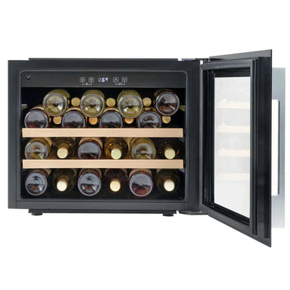 Black Baridi 60cm wine cooler with beech wood shelves, stainless steel handle, and LED light.