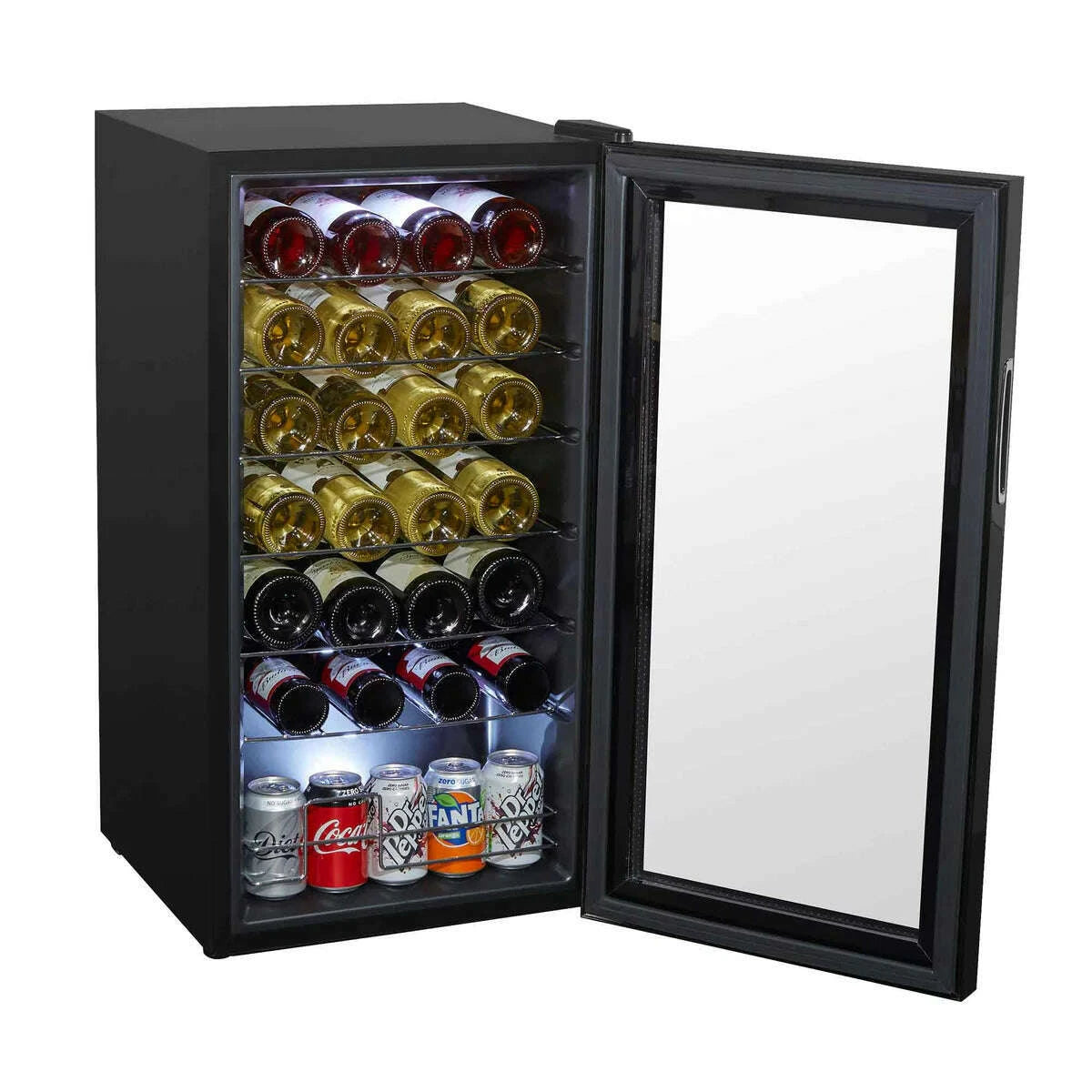 Black Baridi wine cooler with digital controls, LED light, and glass door, holds 28 bottles.