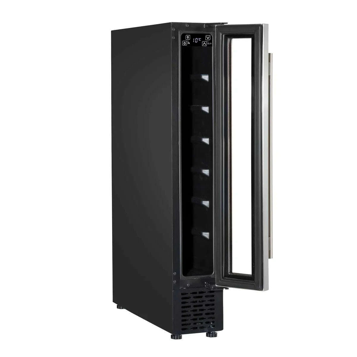 Slim stainless steel wine cooler with digital screen, holds 7 bottles, fits under kitchen counters.