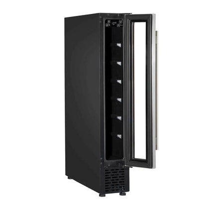 Slim stainless steel wine cooler with digital screen, holds 7 bottles, fits under kitchen counters.