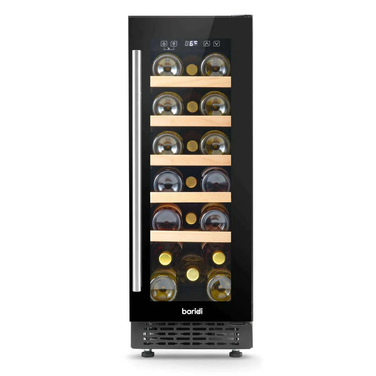 Slim 30cm Baridi wine cooler with touchscreen, 20 bottle capacity, beech shelves, and LED light.