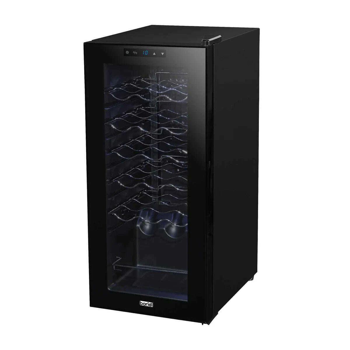 Black Baridi wine cooler with mirror glass door, digital controls, holds 18 bottles, compact size.