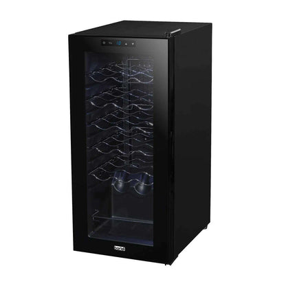 Black Baridi wine cooler with mirror glass door, digital controls, holds 18 bottles, compact size.