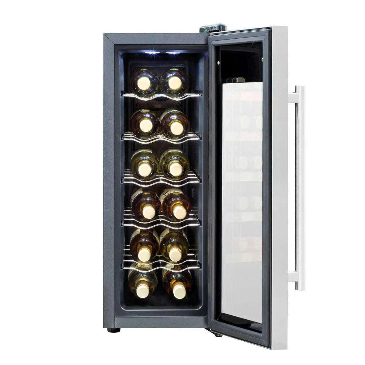 Stainless steel wine cooler with digital controls, LED light, and tempered glass door.