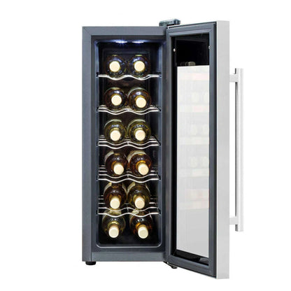 Stainless steel wine cooler with digital controls, LED light, and tempered glass door.