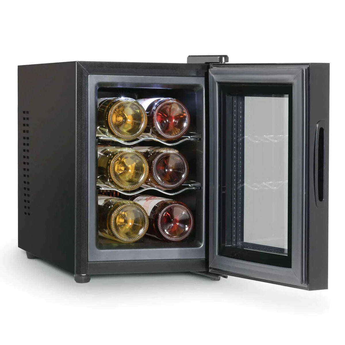 Sleek Baridi wine cooler with glass door, touch controls, and space for 6 bottles on a countertop.