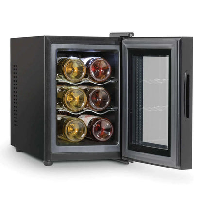 Sleek Baridi wine cooler with glass door, touch controls, and space for 6 bottles on a countertop.