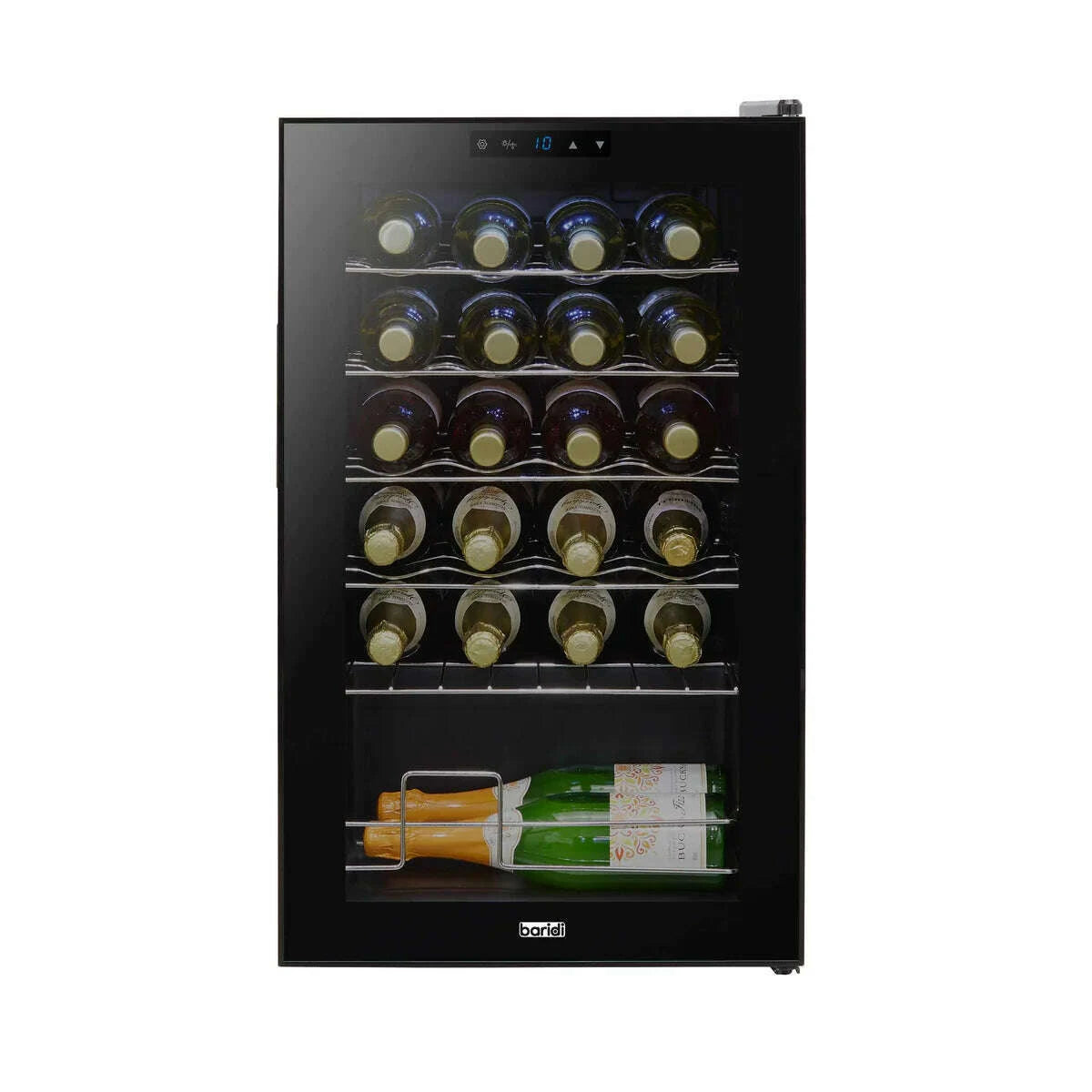 Black Baridi wine cooler with digital controls, LED light, and mirrored door, holds 24 bottles.