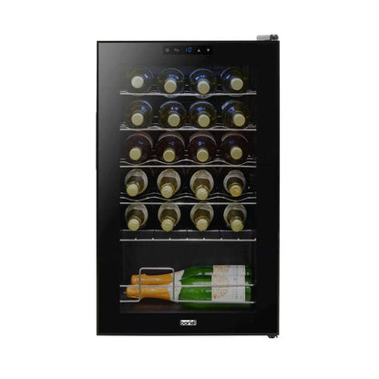 Black Baridi wine cooler with digital controls, LED light, and mirrored door, holds 24 bottles.
