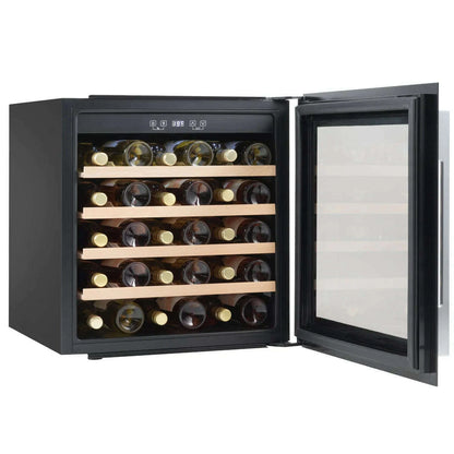 Black Baridi 60cm wine cooler with beech wood shelves, fits 36 bottles, touch controls, LED light.
