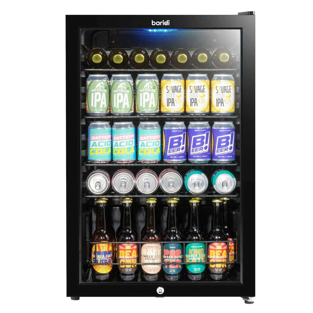 Sleek black 115L Baridi drinks fridge with LED light and wire shelves for efficient cooling.