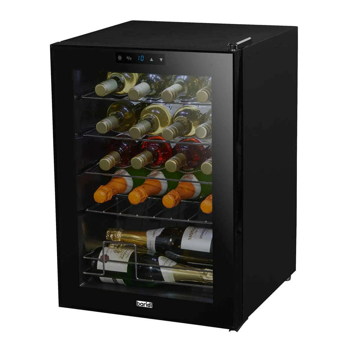 Image of a sleek Baridi 20 Bottle Wine Cooler with digital temperature display and glass door.