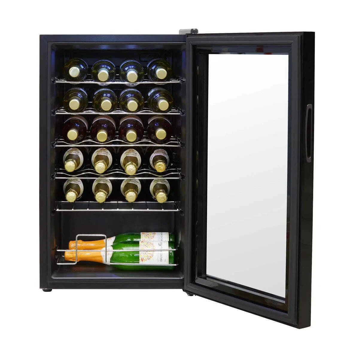 Black Baridi wine cooler with digital controls, LED light, and space for 24 bottles.