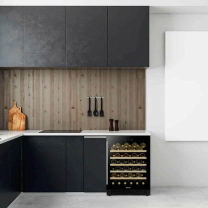 Sleek Baridi 54 Bottle Wine Cooler with digital controls and mirror glass door in a modern kitchen.
