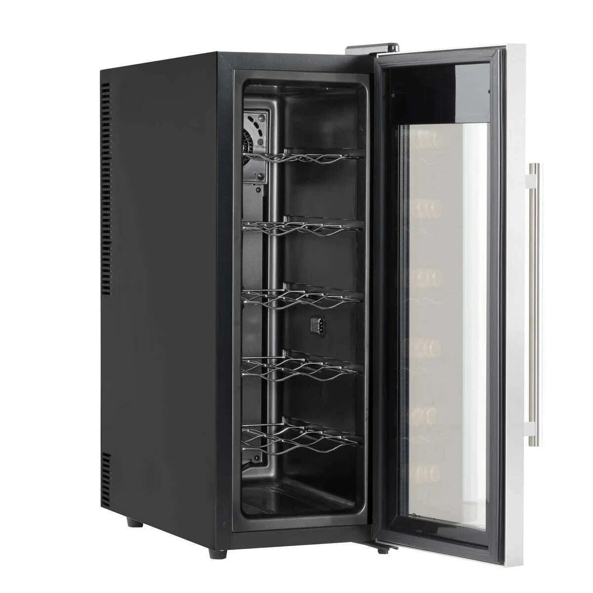 Sleek Baridi 12 Bottle Wine Cooler with digital controls, LED lighting, and mirrored glass door.