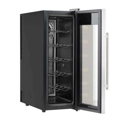 Sleek Baridi 12 Bottle Wine Cooler with digital controls, LED lighting, and mirrored glass door.