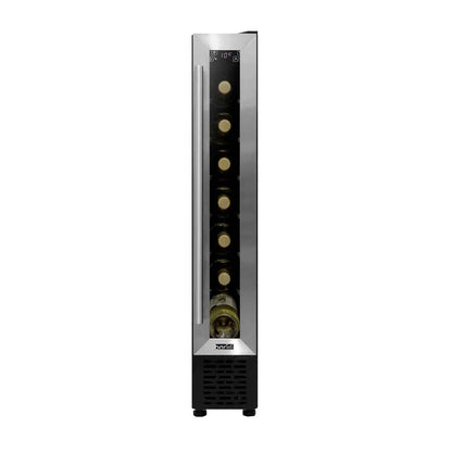 Slim stainless steel wine cooler with digital touch controls, holding 7 bottles, fits under counters.