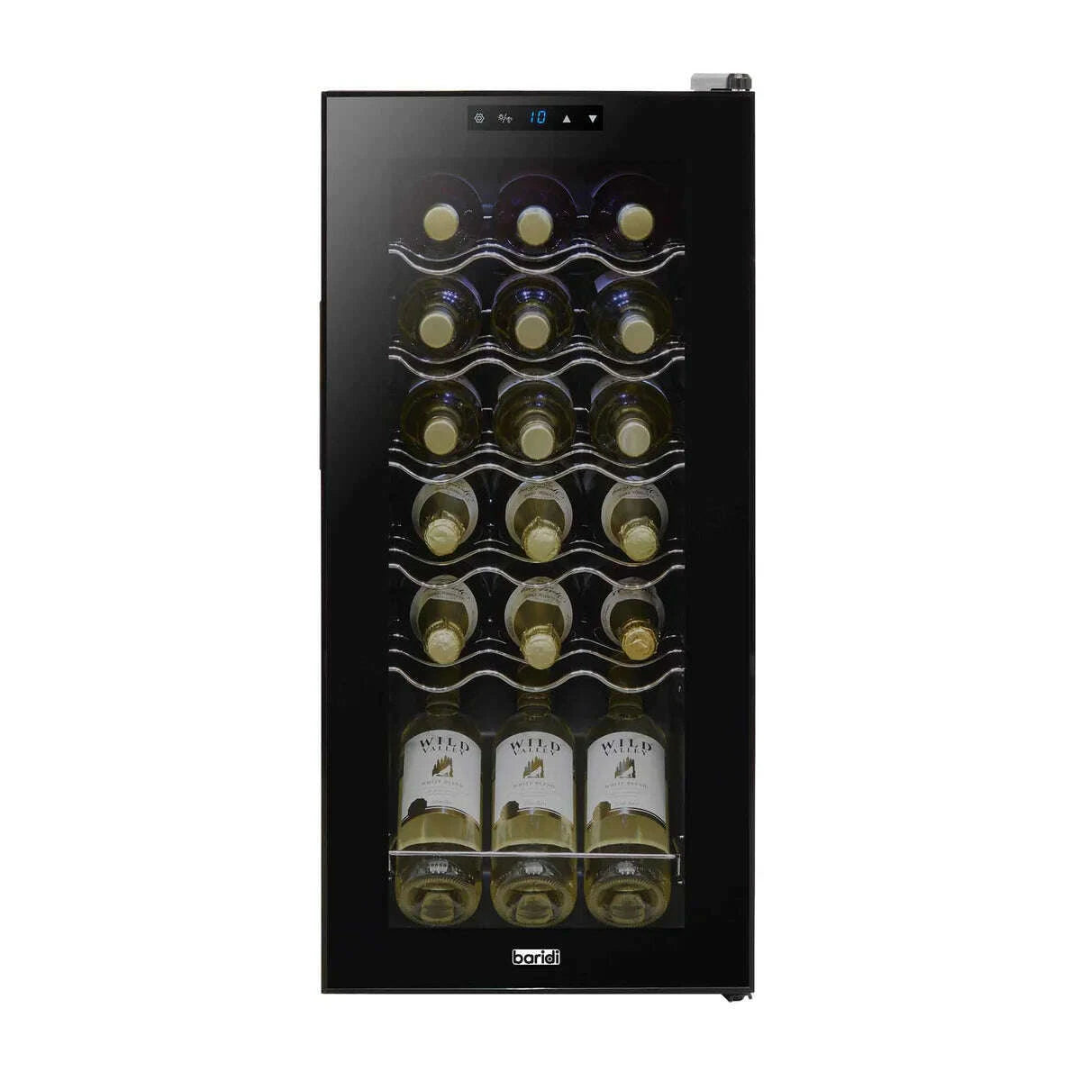 Black Baridi wine cooler with a glass door, digital controls, and space for 18 bottles.