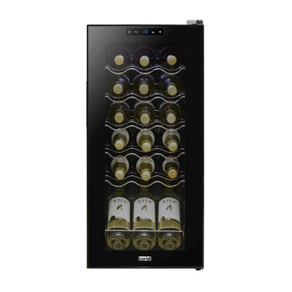 Black Baridi wine cooler with a glass door, digital controls, and space for 18 bottles.