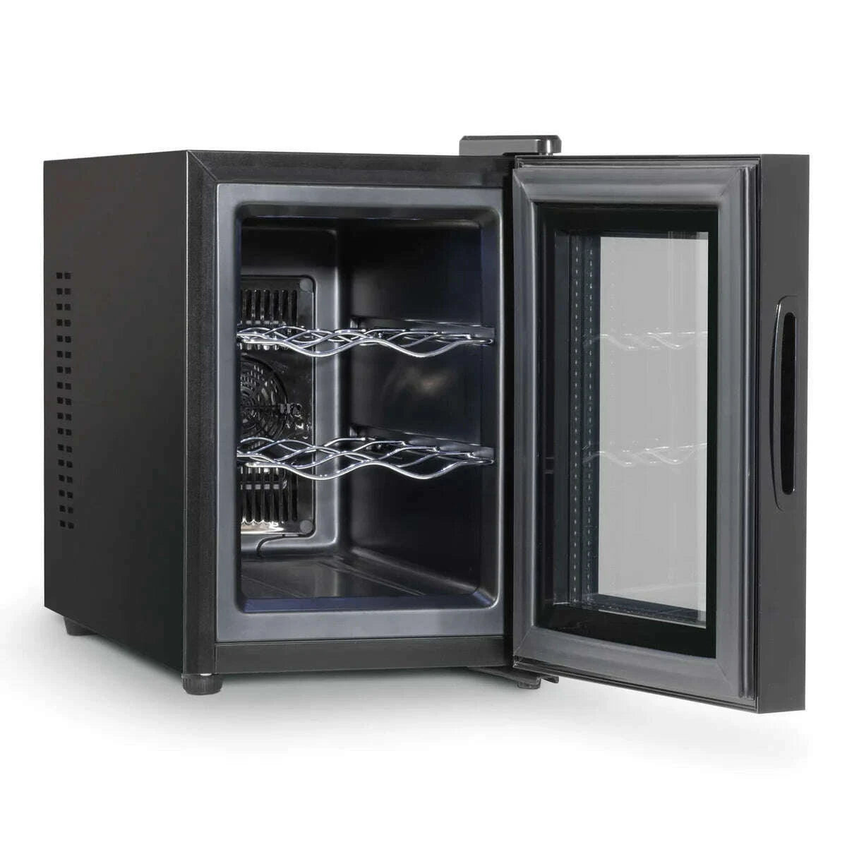 Sleek Baridi wine cooler with glass door, holds 6 bottles, digital touch controls visible.