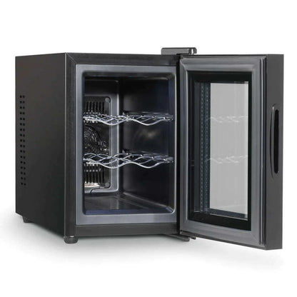 Sleek Baridi wine cooler with glass door, holds 6 bottles, digital touch controls visible.