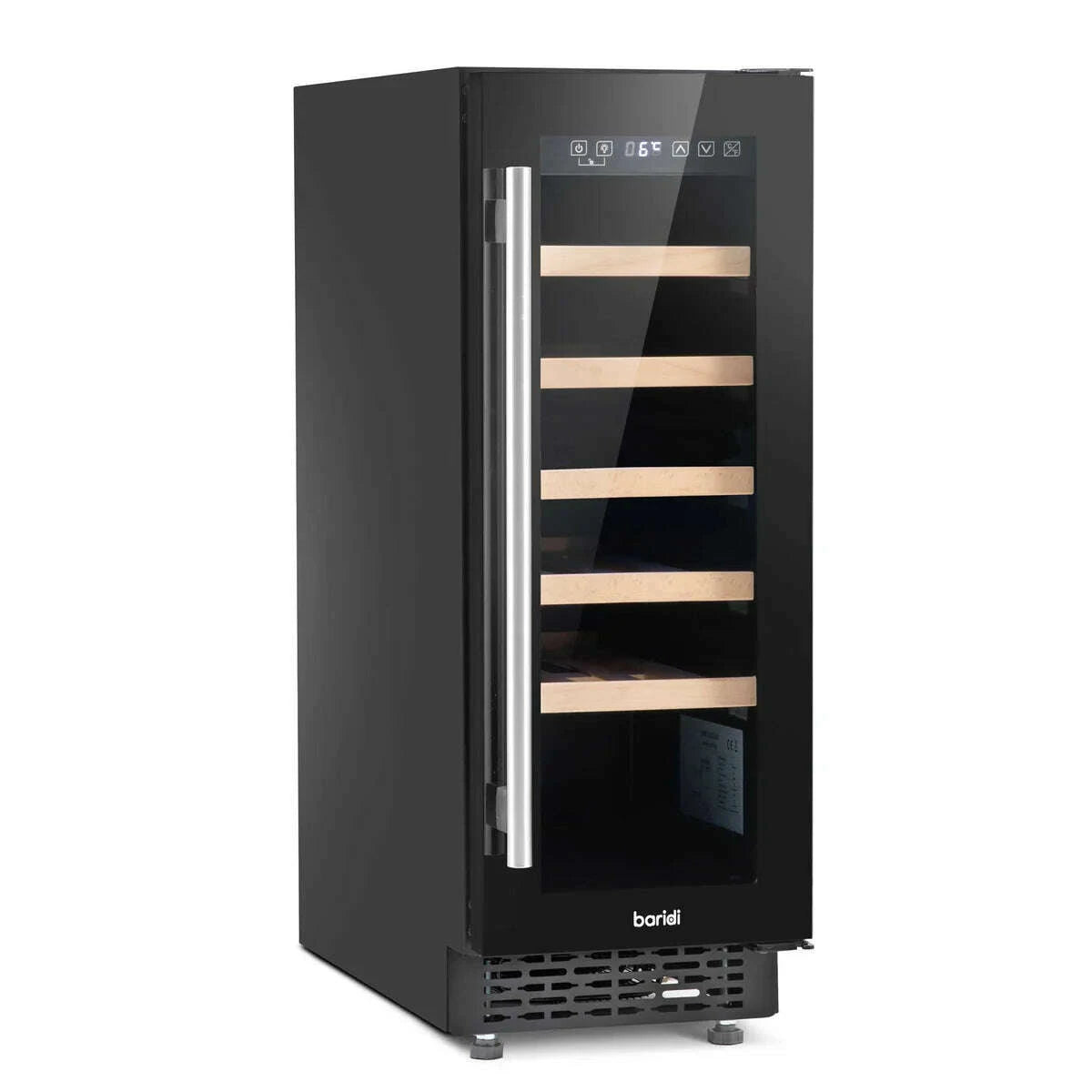 Slim Baridi wine cooler, 30cm wide, 20-bottle capacity, touchscreen controls, beech shelves.