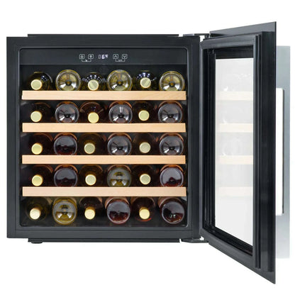 Sleek black 60cm wine cooler with beech wood shelves, fits 36 bottles, LED-lit interior.